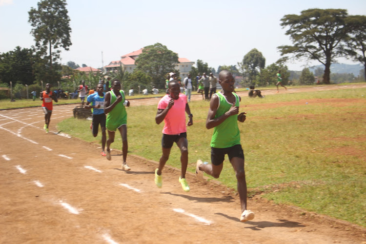 Athletes battle it out in the men's 1,500m during the KUSA Western Conference athletics championships at Kisii University