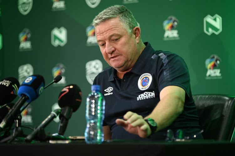 Gavin Hunt during the SuperSport United press conference at PSL Headquarters on February 06, 2023 in Johannesburg, South Africa.