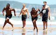 Mzamo Majola and Chiliboy Ralepelle during The Cell C Sharks Kings of the Beach Challenge at Pirates LSC on November 18, 2016 in Durban, South Africa.