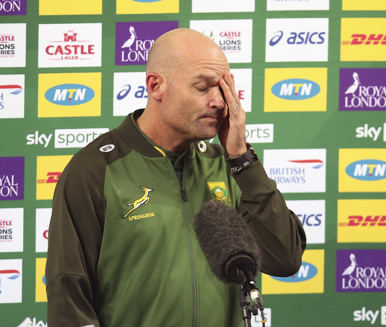 Springboks coach Jacques Nienaber speaks to the media after the match.