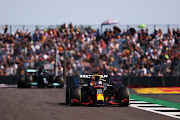 Max Verstappen leads Lewis Hamilton during the Sprint for the F1 Grand Prix of Great Britain at Silverstone on July 17, 2021 in Northampton, England.