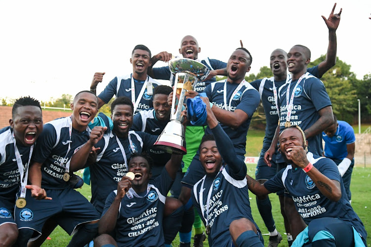 Richards Bay celebrate during the GladAfrica Championship match between Richards Bay and Cape Town Spurs at King Zwelithini Stadium on May 15, 2022 in Durban.