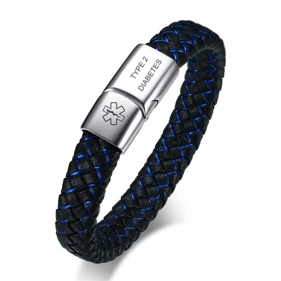 RVS Medische Armband Heren Blauw en Zwart Leer Noodinformatie Bescherming en Stijlvol Design voor Mannen