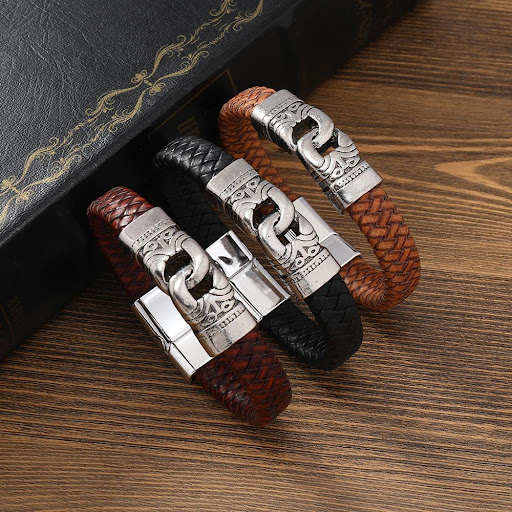 Title 1, Alloy Hand-held Mens Leather Woven Bracelet. A...
