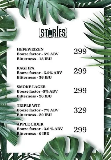 Stories Brewery and Kitchen menu 