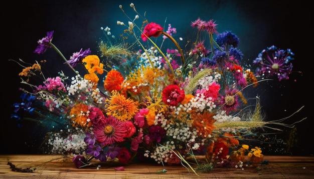 Bright multi colored bouquet of lilacs and daisies generated by AI