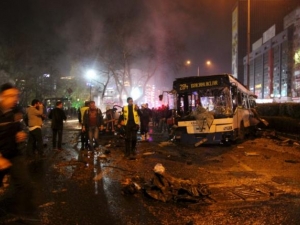 The debris after a car bomb exploded near a bus on Sunday in Turkey, killing 37 people. (Photograph by Reuters)