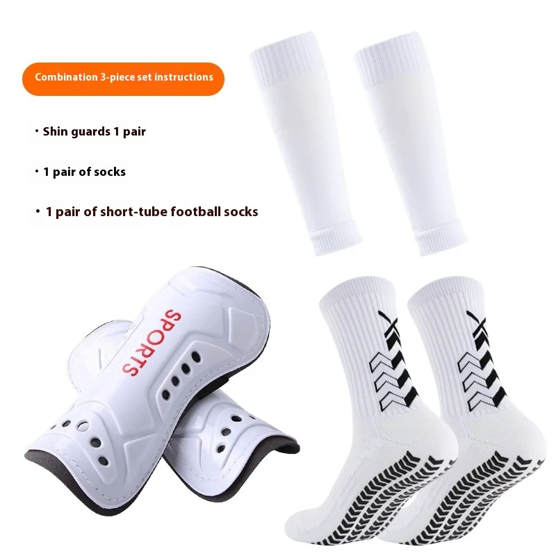 Espinilleras de fútbol largas hasta la rodilla con calcetines antideslizantes y dispensador de pegamento para protección superior.