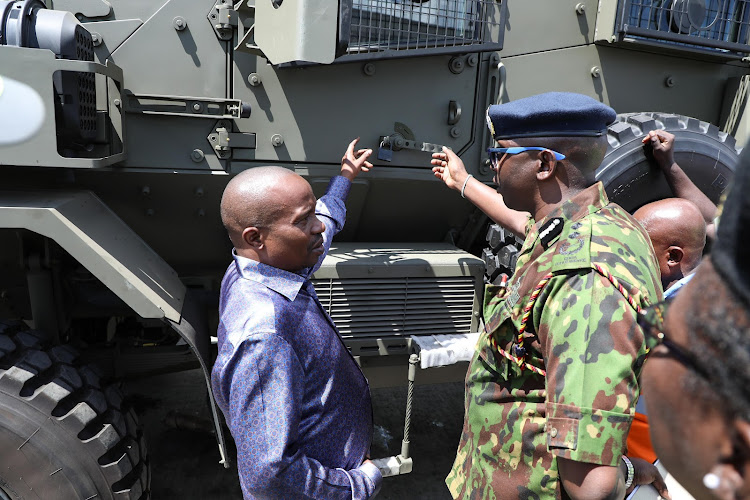 Interior CS Kithure Kindiki outside a modern, high capacity Armoured Personnel Carrier (APCs) in Mombasa on May 14, 2024.