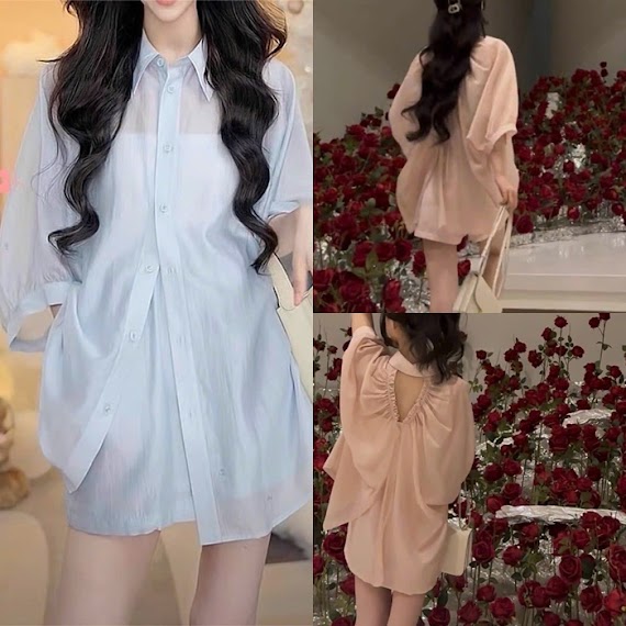 Đầm Bộ Set Áo Sơ Mi Voan Khoét Lưng Suông Trơn Pastel + Quần Shorts Ngắn Ống Rộng Lưng Thun + Áo Dây Đi Biển Đi Chơi Dạo Phố Đi Tiệc