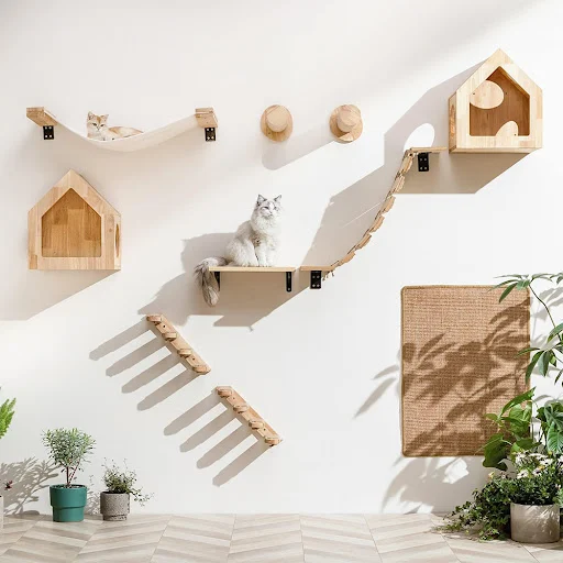 Wall Mounted Cat Climbing Shelf Hammock Stairway For Indoor Cats Wooden Hanging Bed Scratching Post Pet Furniture Kitten