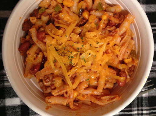 Catie's Pecos Pasta. Served up in a bowl with extra cheese on top!