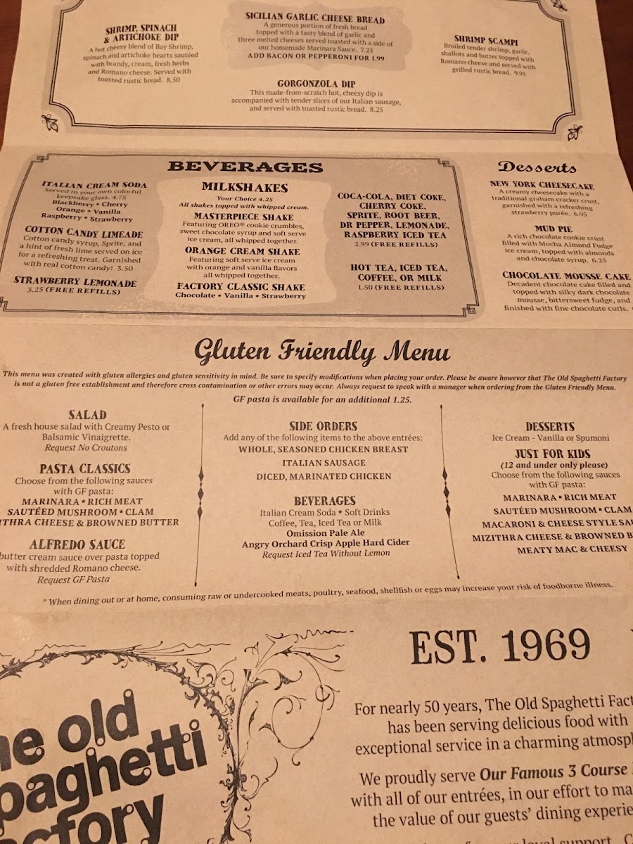 The Old Spaghetti Factory gluten-free menu