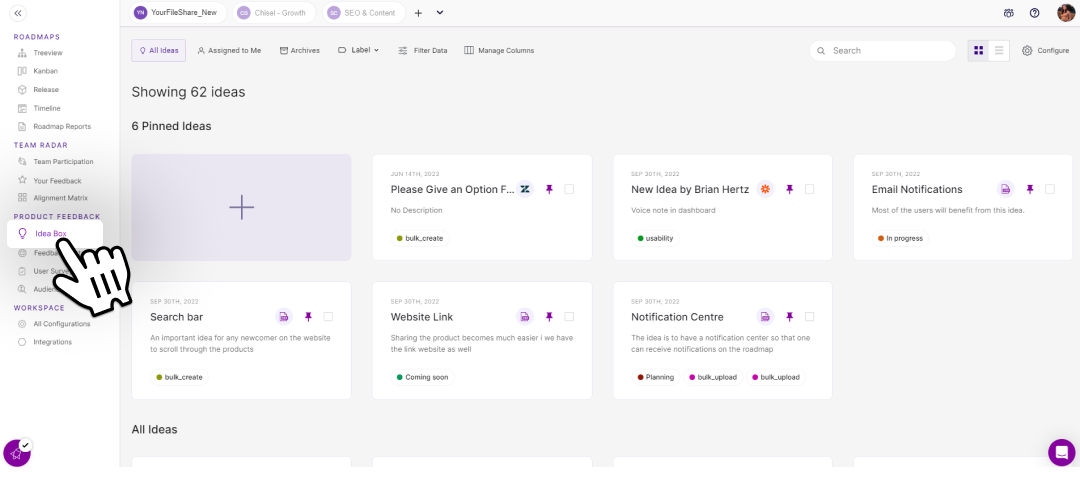 Chisel’s Idea Box is the one-stop shop to organize ideas flooding from teams, customers, and teammates. 