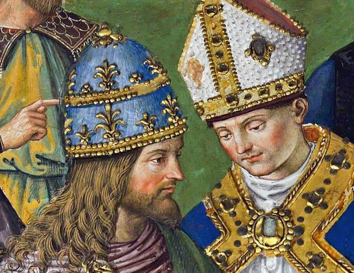 Pinturicchio, Libreria Piccolomini, Enea Silvio, vescovo di Siena, presenta Eleonora di Portogallo all'imperatore Federico III, Siena, Duomo (dettaglio Enea Silvio e l'imperatore Federico III)