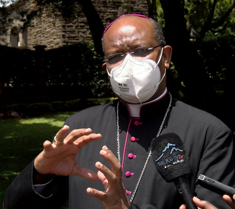 Nyeri Catholic archbishop Anthony Muheria addresses the media in Nyeri town on Sunday