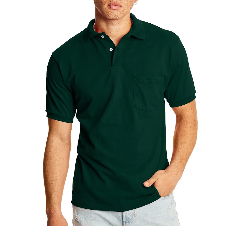 Camisa polo masculina casual de cor sólida com bolso, manga curta e tamanho grande. Conforto e estilo para o trabalho.