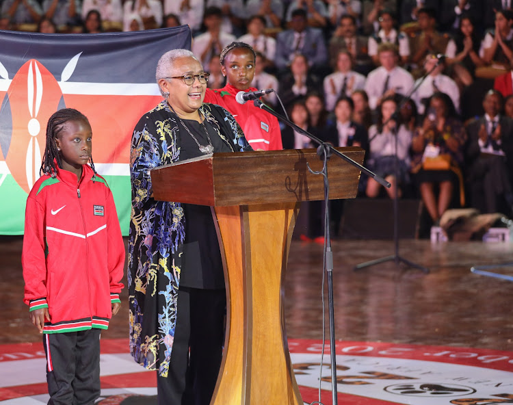 Former First Lady Margaret Kenyatta speaking during the opening of the 55thAnnual Round Square International Conference (RSIC) at the Bomas of Kenya Auditorium, Nairobi on October 9, 2023.