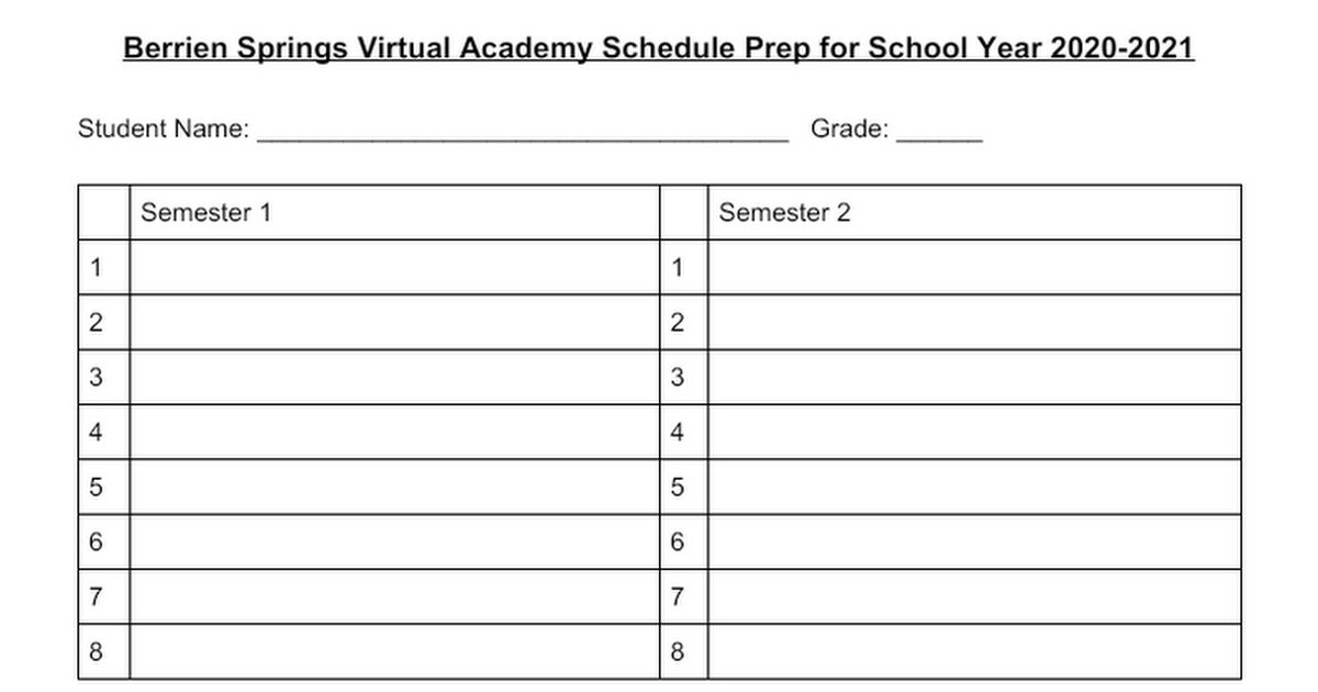 Berrien Springs Virtual Academy Schedule Prep for School Year 2019-2020