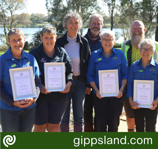 From left, Dianne Honey, Open Space Officer Tracey Parker, Cr Carolyn Crossley, Friends of Sale Botanic Gardens Fred Hellriegel, Heather Harrington, Sale Botanic Gardens Curator Tony King and Evelyn McAdam