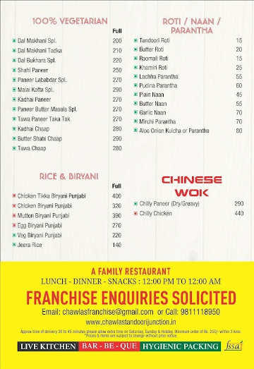 Chawla's Tandoori Junction menu 