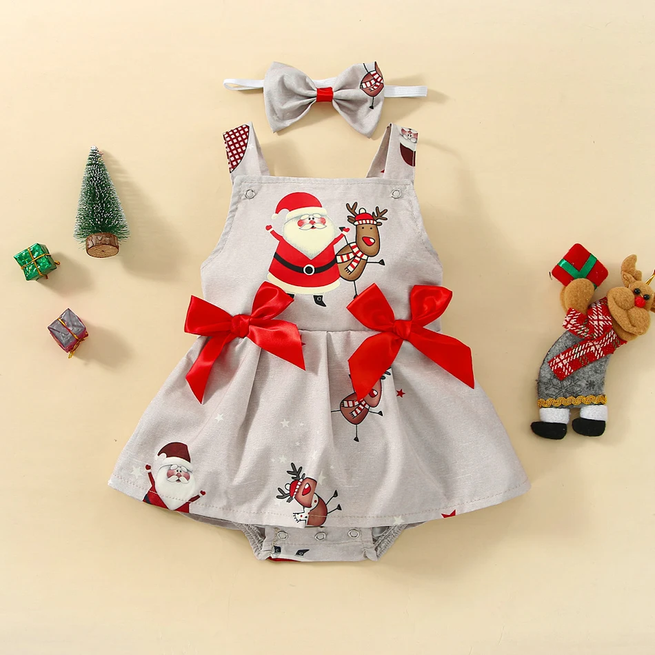 Robe de Noël Élégante Bébé Fille 0-3 Ans Imprimé Dessin Animé, Bandeau Papillon et Élastique pour Cheveux