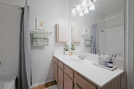 Model bathroom with light walls & trim, wood-inspired floors, light wood cabinets with light counter and long mirror above.