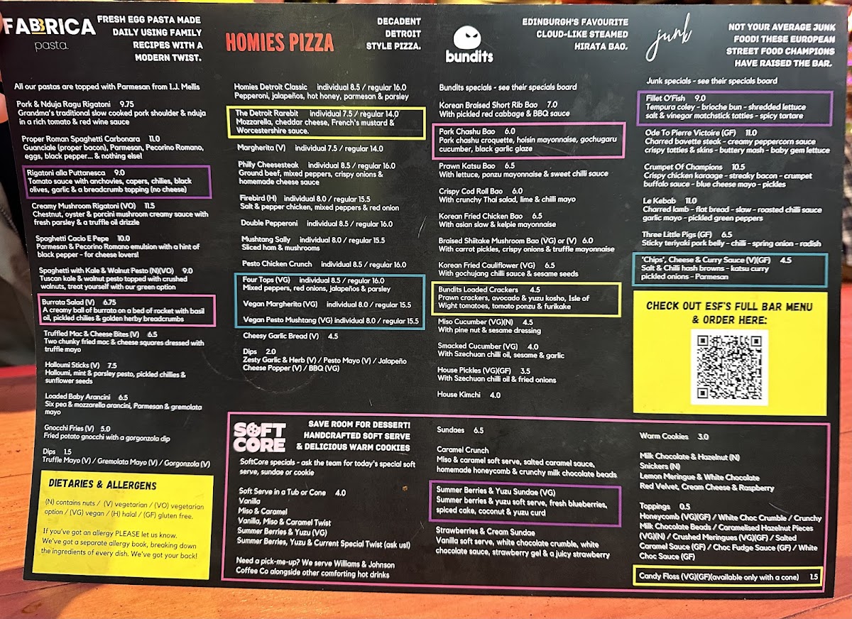 Menu to all of the food vendors within ESF (front)