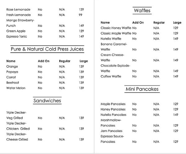 Be A Barista menu 