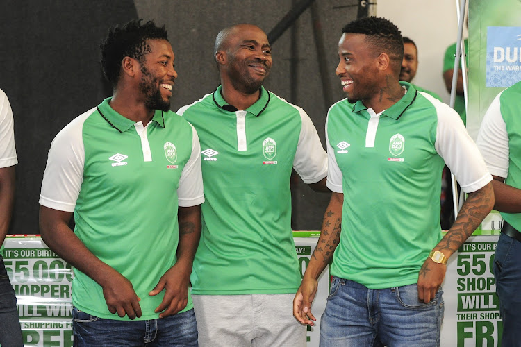 (From left to Right): AmaZulu strikers Mabhuti Khenyeza, Siyabonga Nomvethe and Mbongeni Gumede share a funny moment during the club's launch of their new kit for the 2018/19 Absa Premiership season at Spar DC in Phoenix, KwaZulu-Natal on July 13 2018.