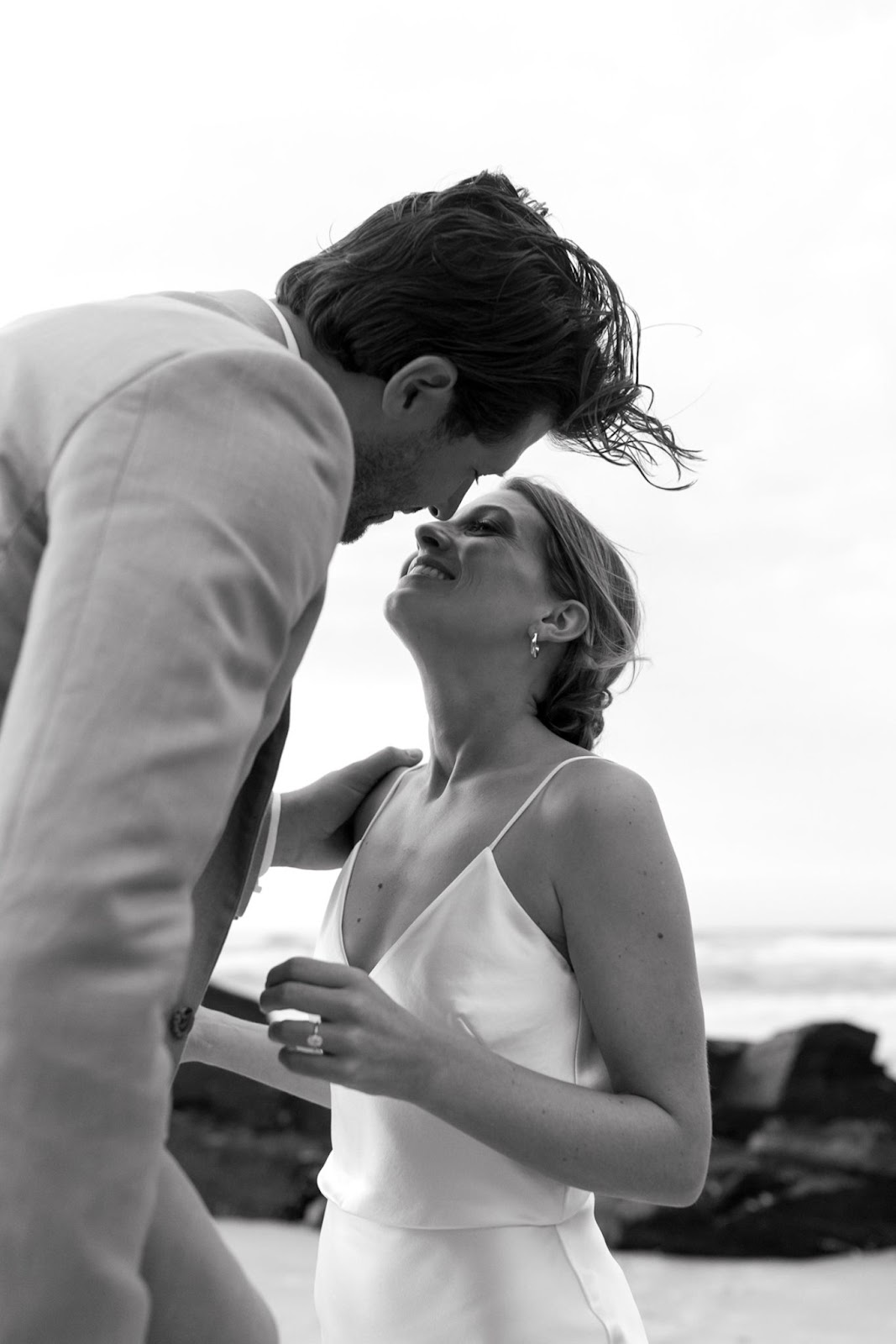 Happy bride and groom on an intimate wedding ceremony without a bridal party.