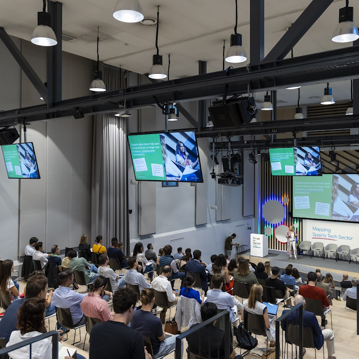 audience watching a presentation with projection screens, Google for Startups, Campus Madrid, podcast