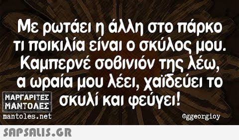 Με ρωτάει η άλλη στο πάρκο Τι πΟΙκιλία είναι ο σκύλος μου . Καμπερνέ σοβινιόν της λέω , αωραία μου λέει , χαίδεύει το ΜΑΡΙΕΣ σκυλί και φεύγει. ΜΑΝΤΟΛΕΣ nantoles . net eggeorgioy