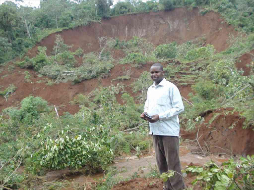 The aftermath of a landslide near River Mathioya in Murang'a county. /FILE