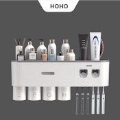 Bộ Nhả Kem Đánh Răng Tự Động Hoho Kệ Treo Bàn Chải Lắp Đặt Dán Tường Gạch Men Kèm Cốc Hút Nam Châm Bảo Hành 2 Năm