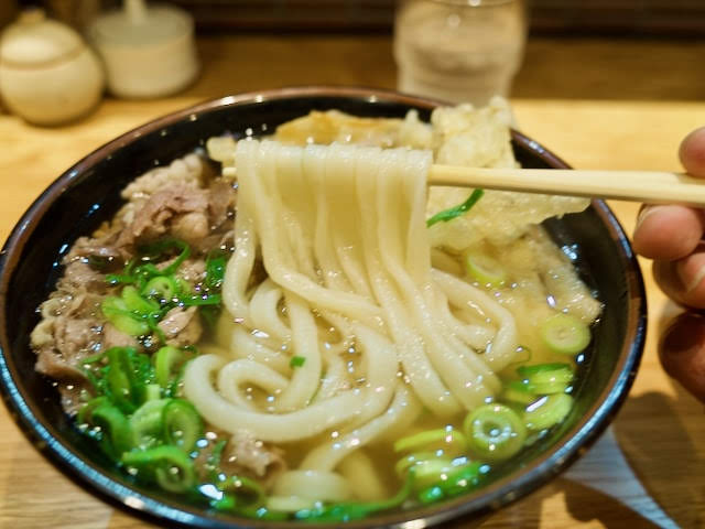 箸で持ち上げたウドン麺１