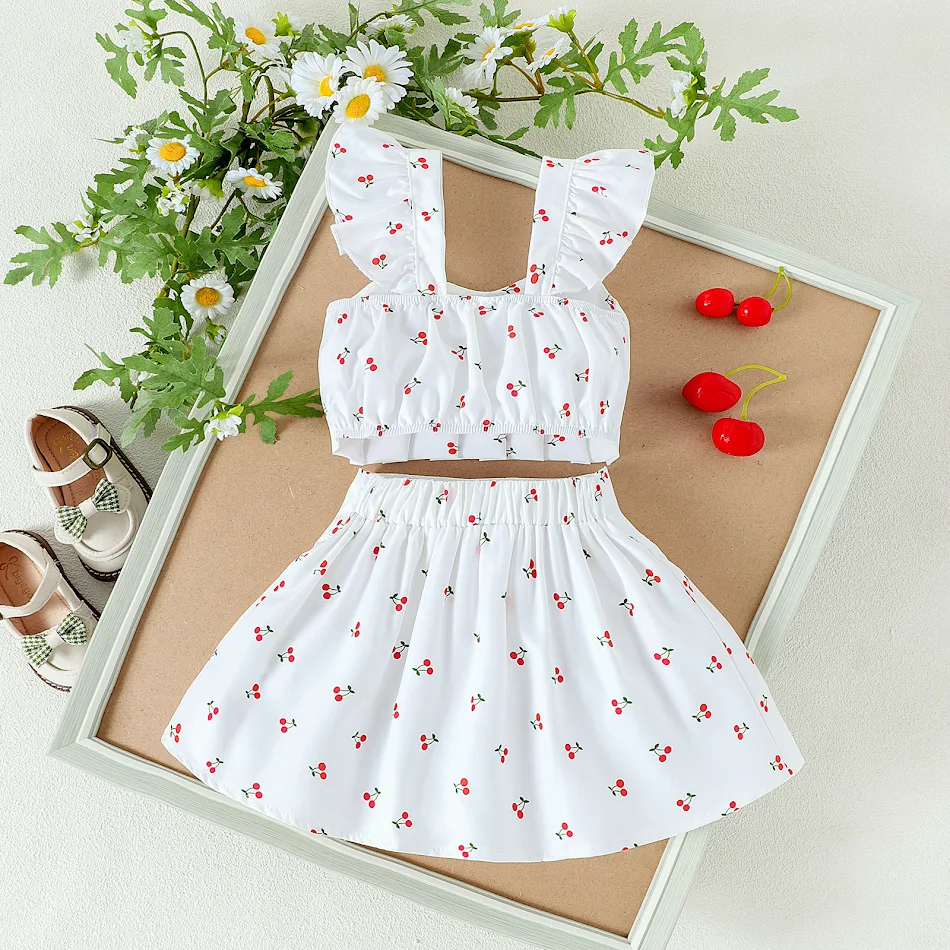 Girls' Flounced Sleeve Printed Strappy Bow Pleated Skirt Two-piece Set Perfect for Summer Events Cute and Stylish Outfit