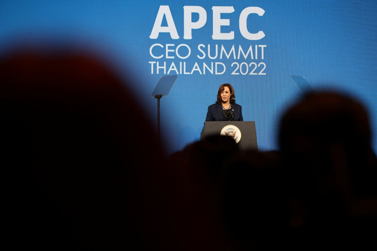 US Vice President Kamala Harris addresses the APEC CEO Summit during the Asia-Pacific Economic Cooperation (APEC) Summit in Bangkok, Thailand on November 18, 2022.