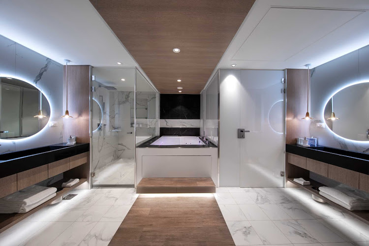 The master bathroom of the top-of-the-line Iconic Suite on Celebrity Edge.  