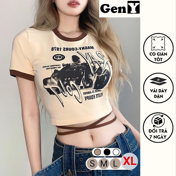 Áo Croptop Nữ In Hoạ Tiết Phối Dây Eo Geny, Áo Croptop Ôm Body Ngắn Tay Khoét Lưng Siêu Tôn Eo - C7 - 