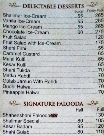 Shalimar Restaurant menu 