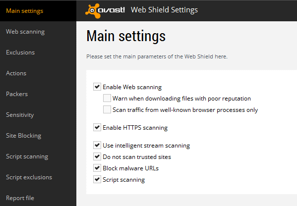 avast Main settings