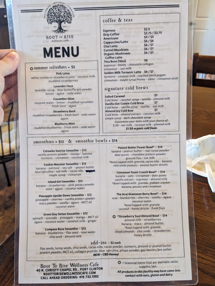 Root to Rise Wellness Cafe gluten-free menu