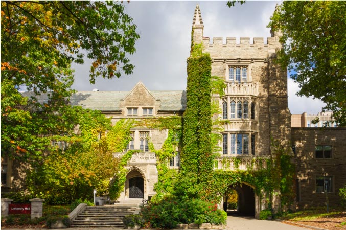 The vine covered University Hall at the McMaster University main campus in Hamilton, Ontario, Canada.