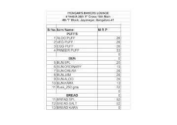 Iyengar's Bakers Lounge menu 