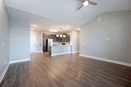 Living room with dark wood inspired flooring flowing into the kitchen and entry way. Living room has tall vaulted ceilings