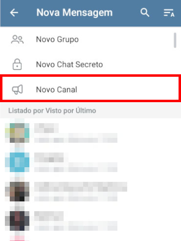 Print do campo onde criar um novo canal de vendas no aplicativo Telegram, campo Novo Canal destacado em vermelho