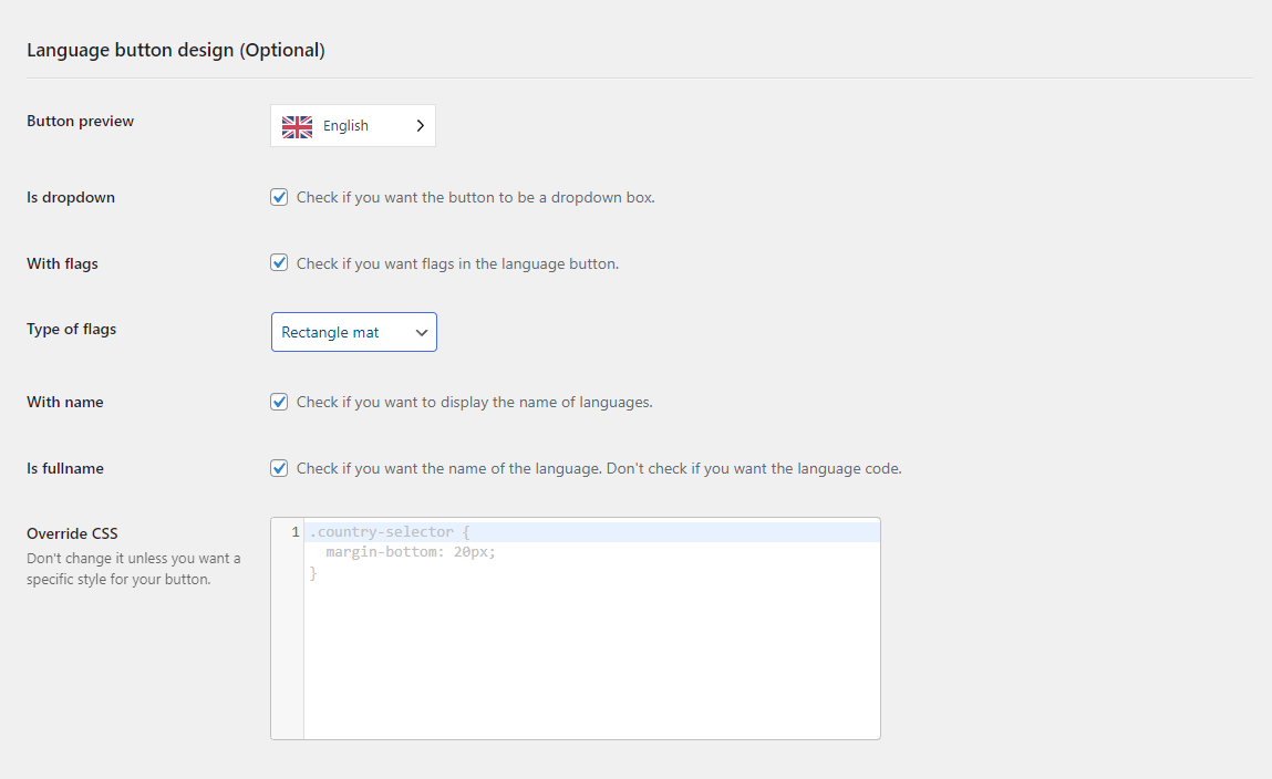 Página de configuração do plugin Weglot com definição de estilo dos botões de idiomas