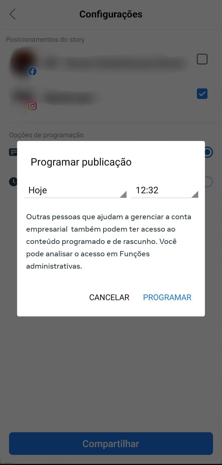 tela mostrando dia e horário para programar story do instagram