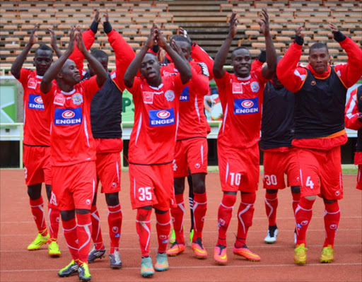 Ulinzi Stars' players celebrate after scoring against Mathare United in a past event.